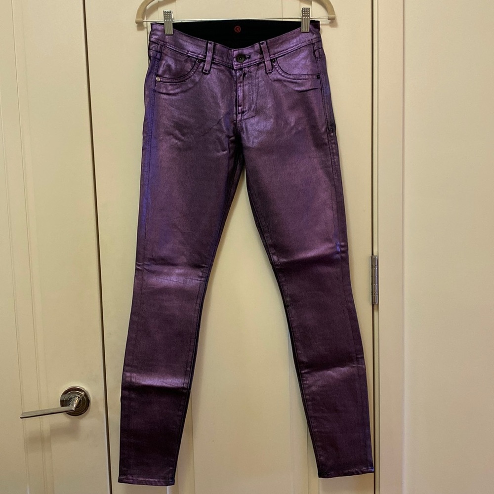 NWOT Sinclair Mid-Rise Purple Metallic Coated Skinny Jeans